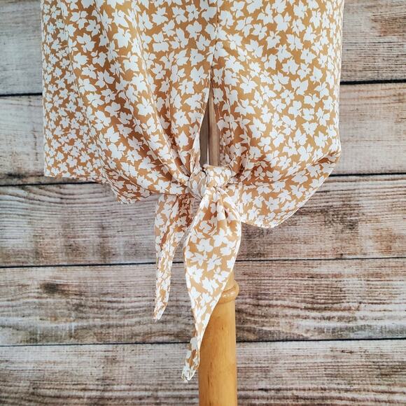 Vintage 60s 70s Tunic Tan White Leaf Print Large - Picture 6 of 11